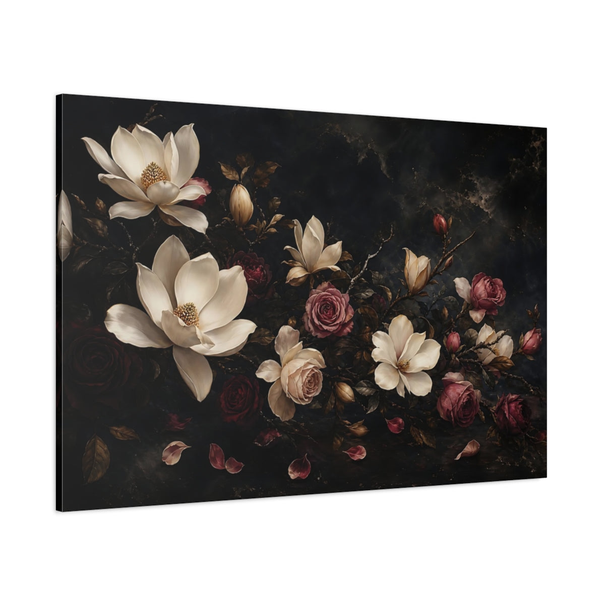 Side Mockup 1. Floral Magnolias Roses Dark Floral shown as stretched canvas wall art