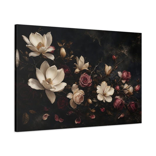 Main Mockup. Floral Magnolias Roses Dark Floral shown as stretched canvas wall art