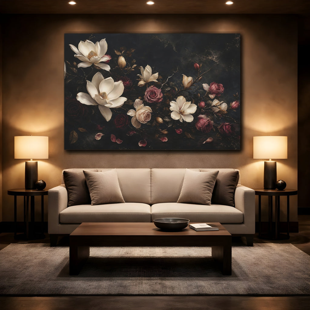 Mockup 2. Floral Magnolias Roses Dark Floral shown as stretched canvas wall art