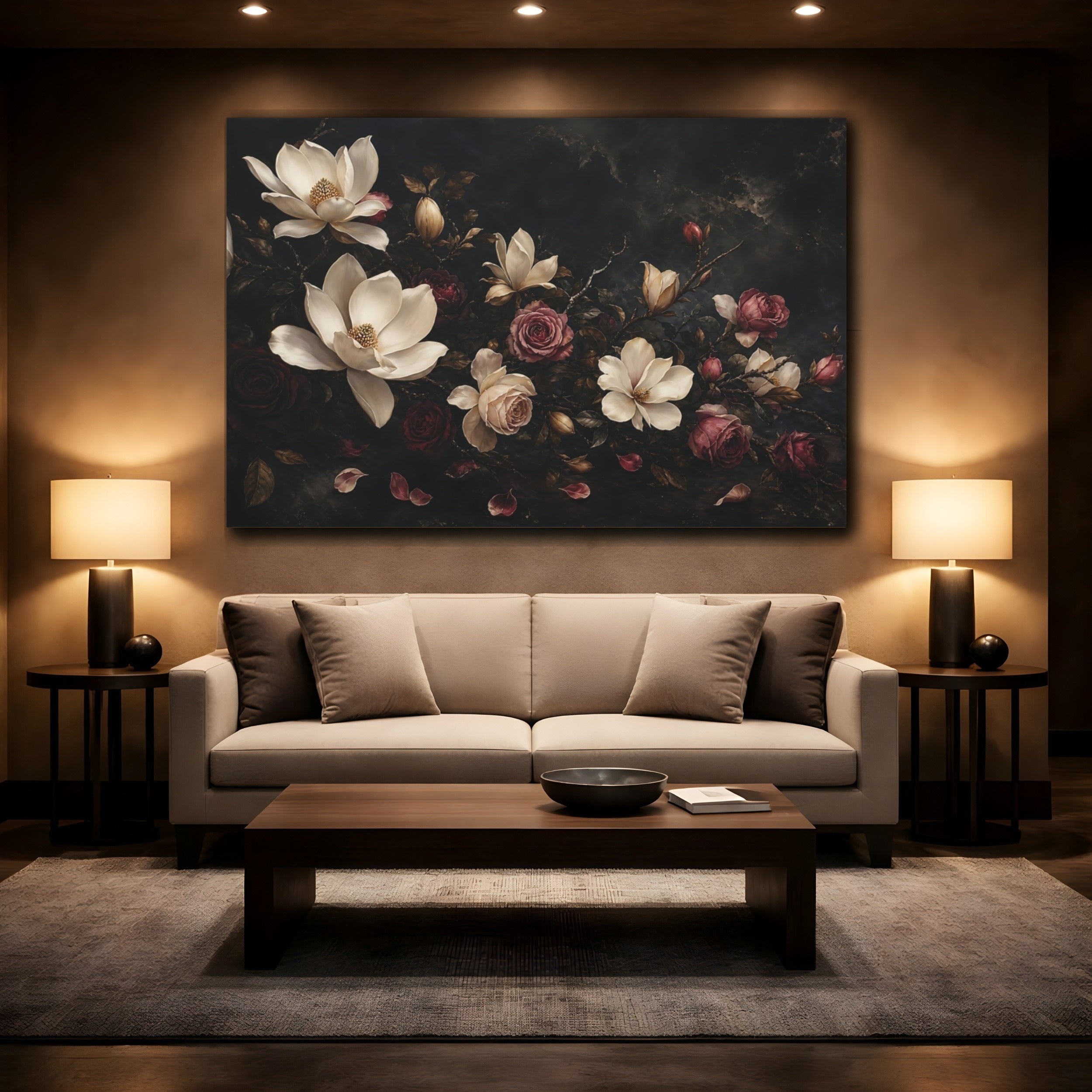 Mockup 2. Floral Magnolias Roses Dark Floral shown as stretched canvas wall art