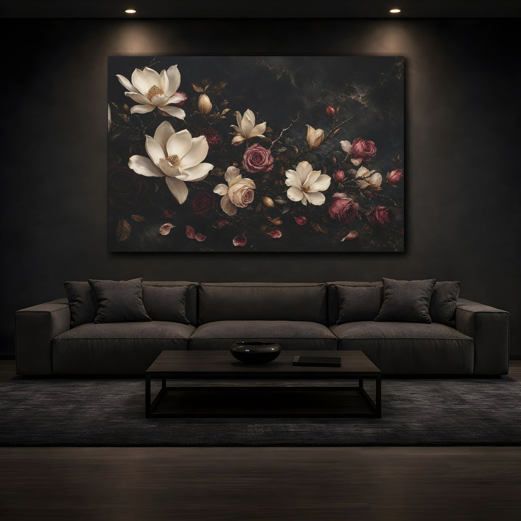 Mockup 3. Floral Magnolias Roses Dark Floral shown as stretched canvas wall art