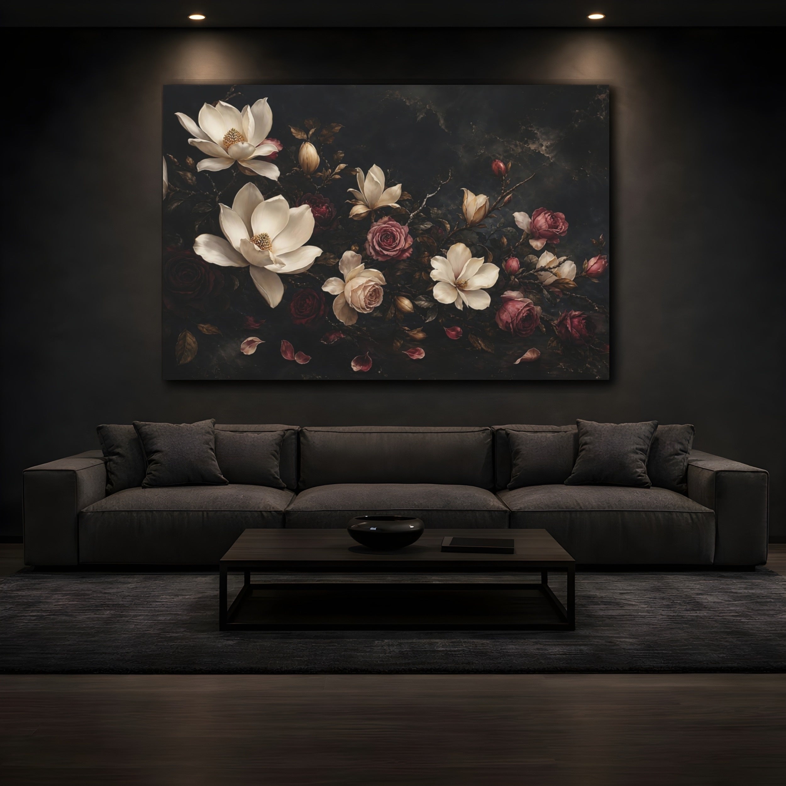 Mockup 3. Floral Magnolias Roses Dark Floral shown as stretched canvas wall art
