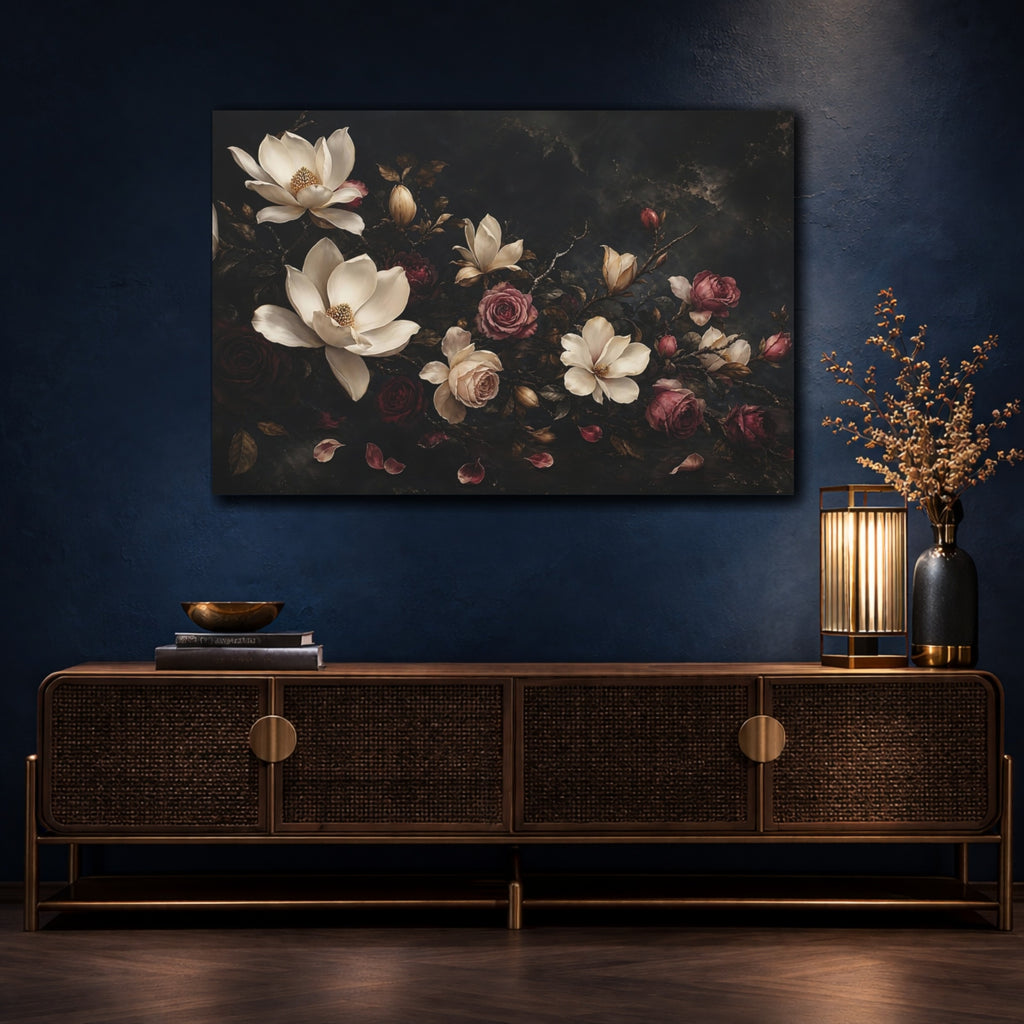 Mockup 4. Floral Magnolias Roses Dark Floral shown as stretched canvas wall art