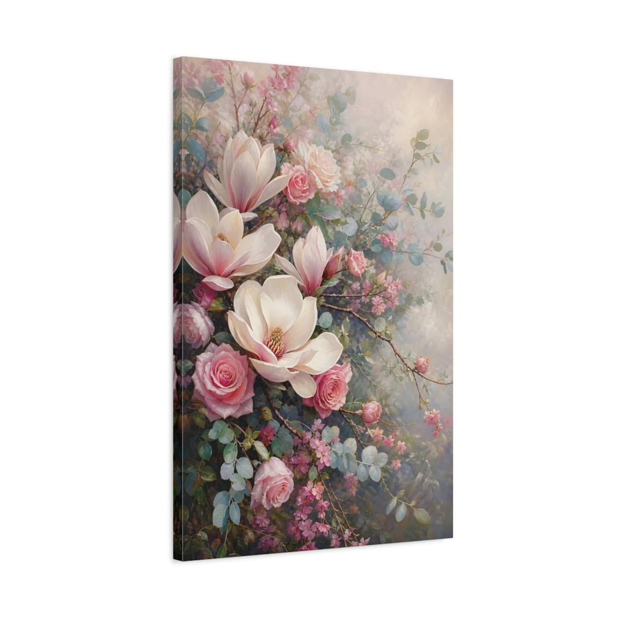 Side Mockup 2. Floral Magnolias, Roses Pink And Green Floral shown as stretched canvas wall art