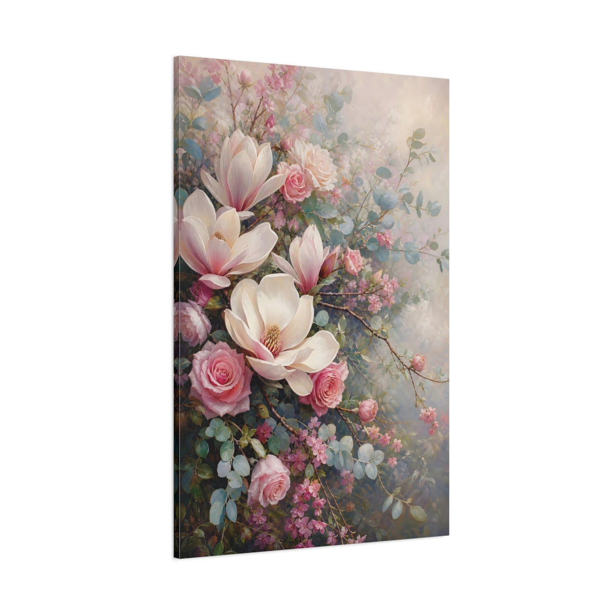 Side Mockup 1. Floral Magnolias, Roses Pink And Green Floral shown as stretched canvas wall art