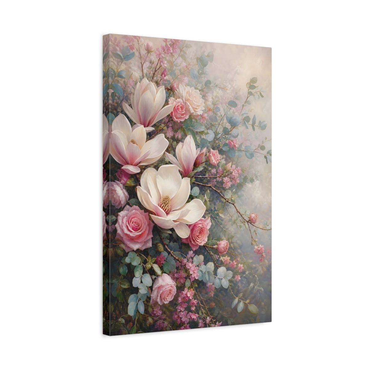 Side Mockup 3. Floral Magnolias, Roses Pink And Green Floral shown as stretched canvas wall art