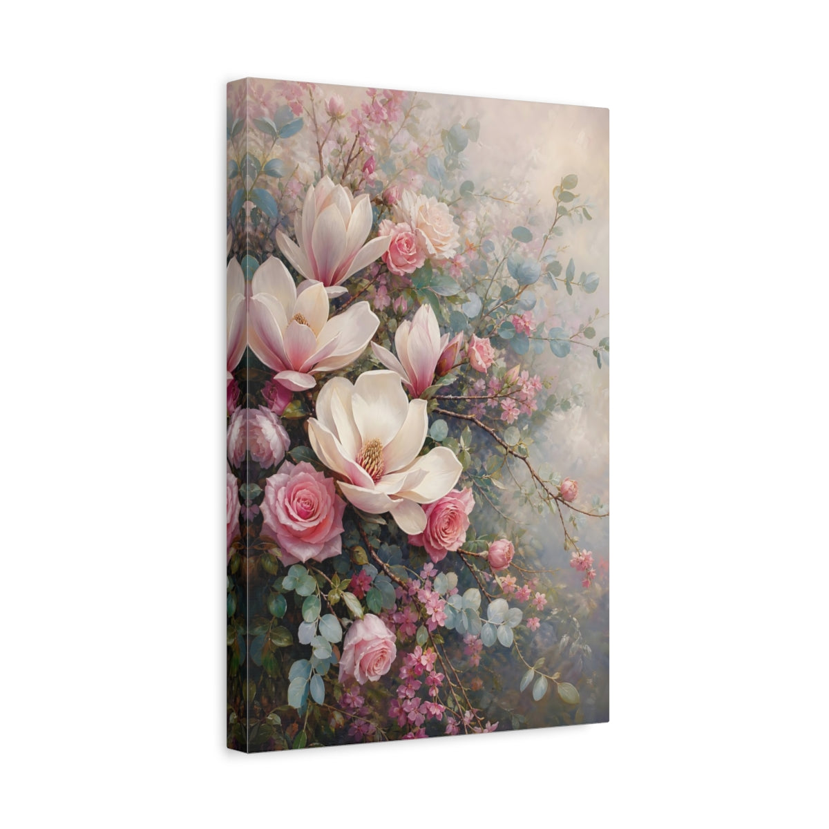 Side Mockup 4. Floral Magnolias, Roses Pink And Green Floral shown as stretched canvas wall art