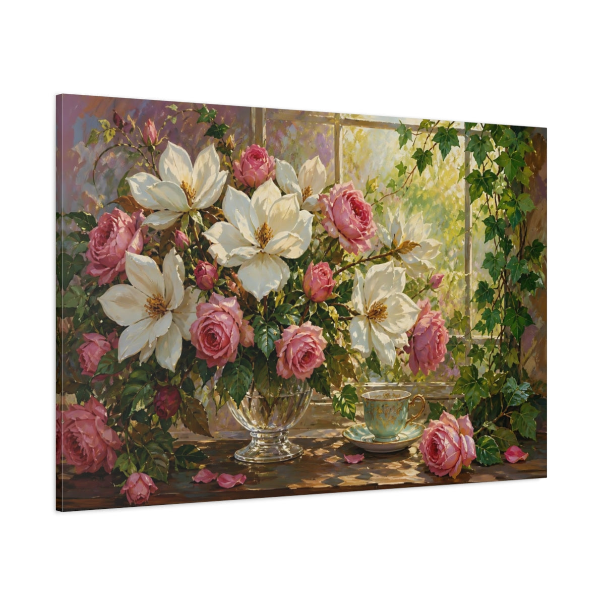 Side Mockup 1. Floral Magnolias Roses Pink And White Floral shown as stretched canvas wall art