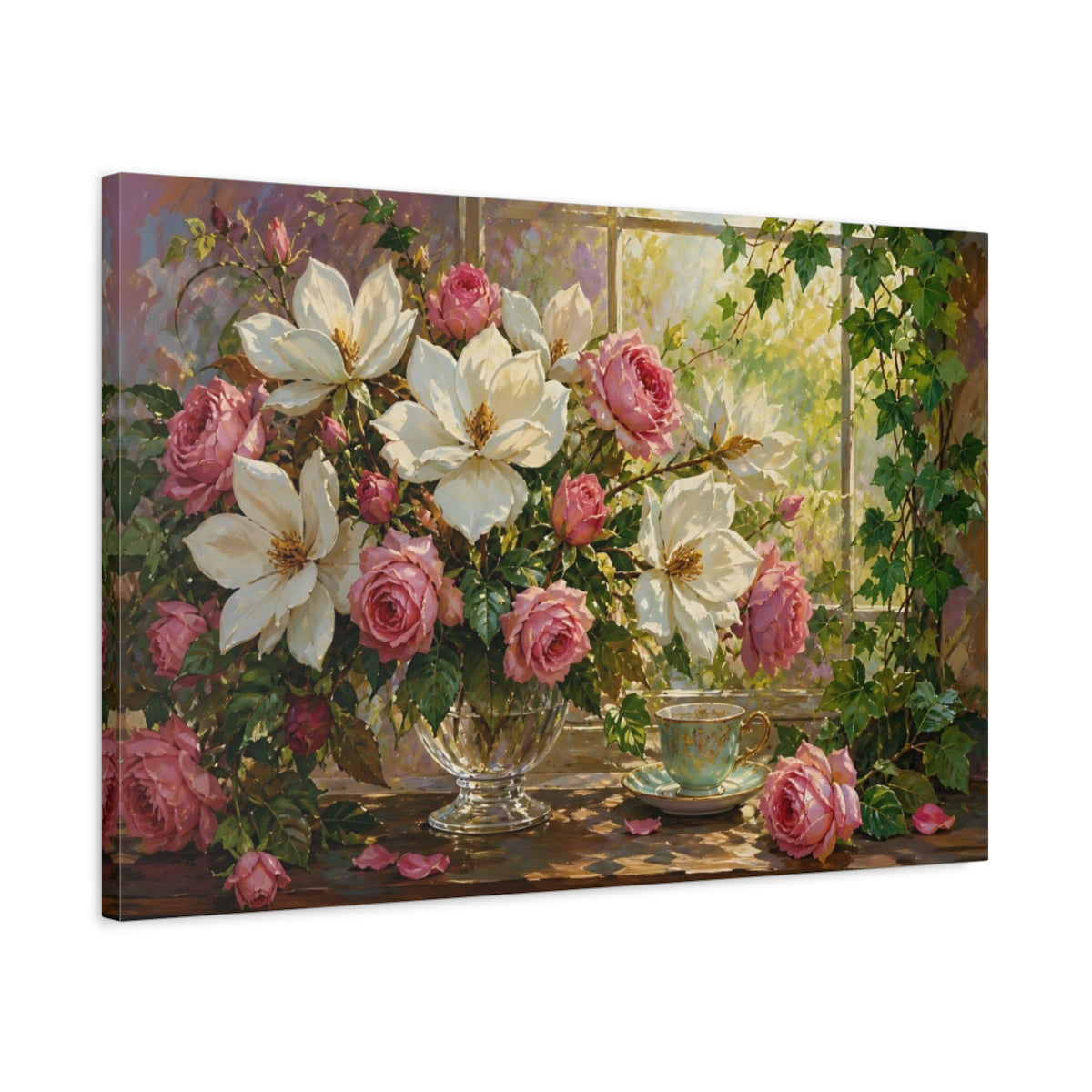 Side Mockup 2. Floral Magnolias Roses Pink And White Floral shown as stretched canvas wall art