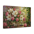 Side Mockup 4. Floral Magnolias Roses Pink And White Floral shown as stretched canvas wall art