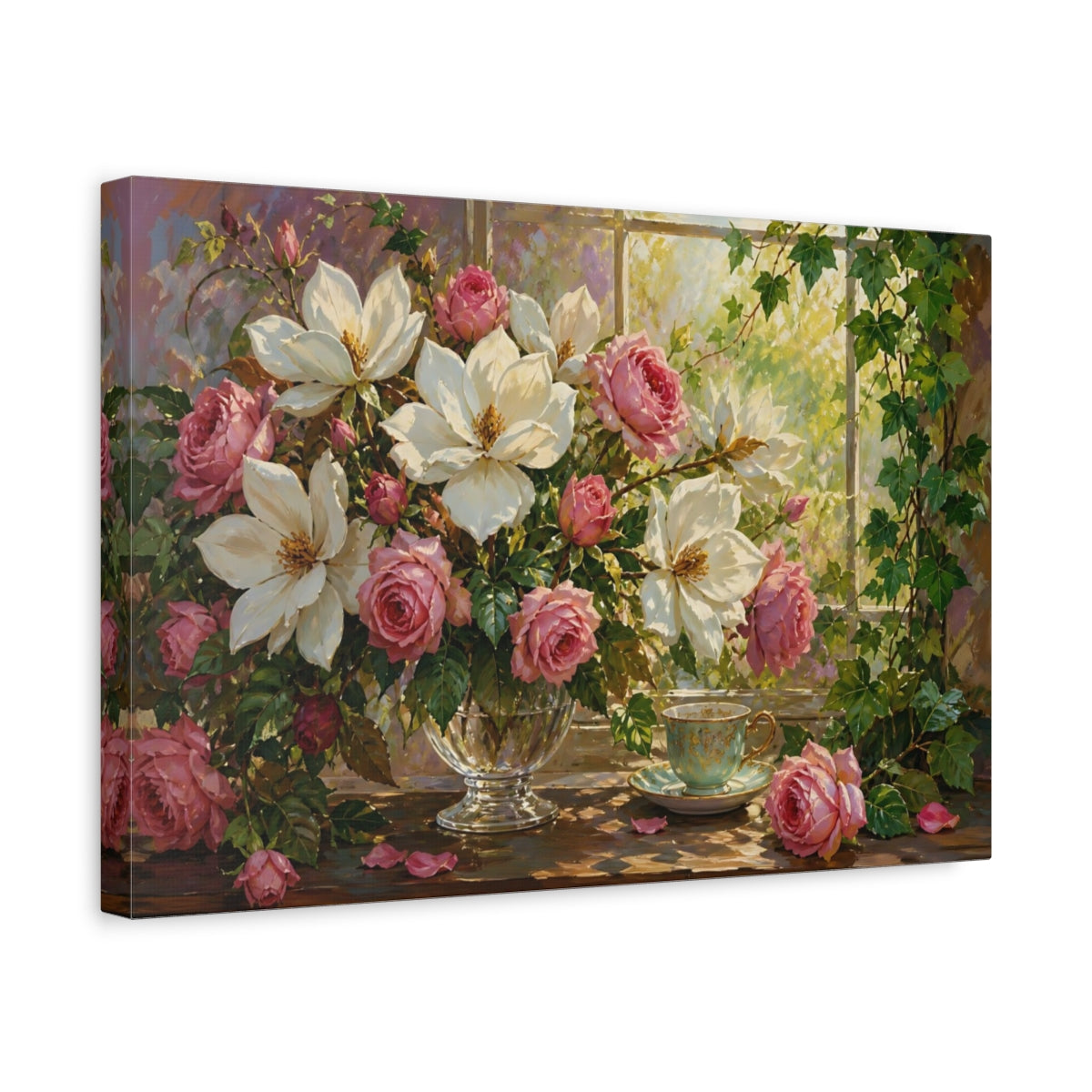 Side Mockup 4. Floral Magnolias Roses Pink And White Floral shown as stretched canvas wall art