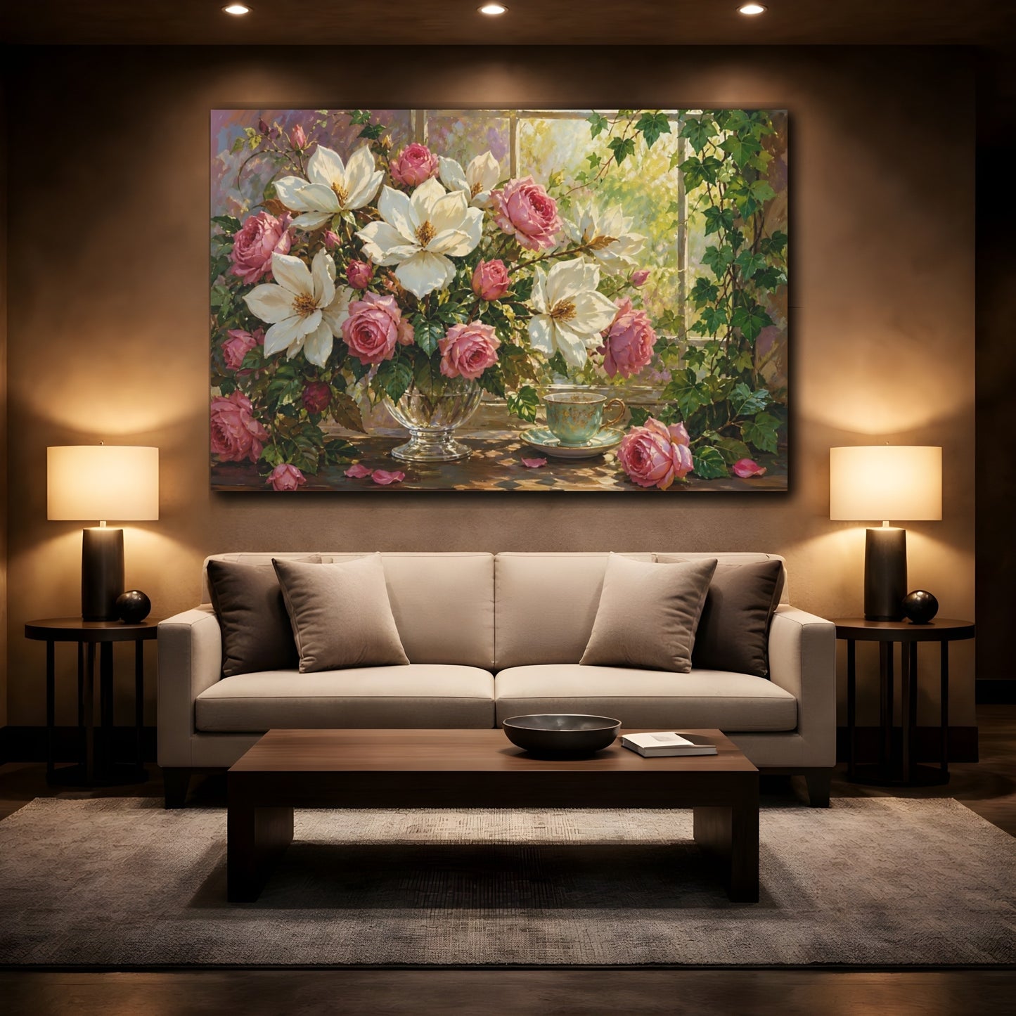 Mockup 2. Floral Magnolias Roses Pink And White Floral shown as stretched canvas wall art