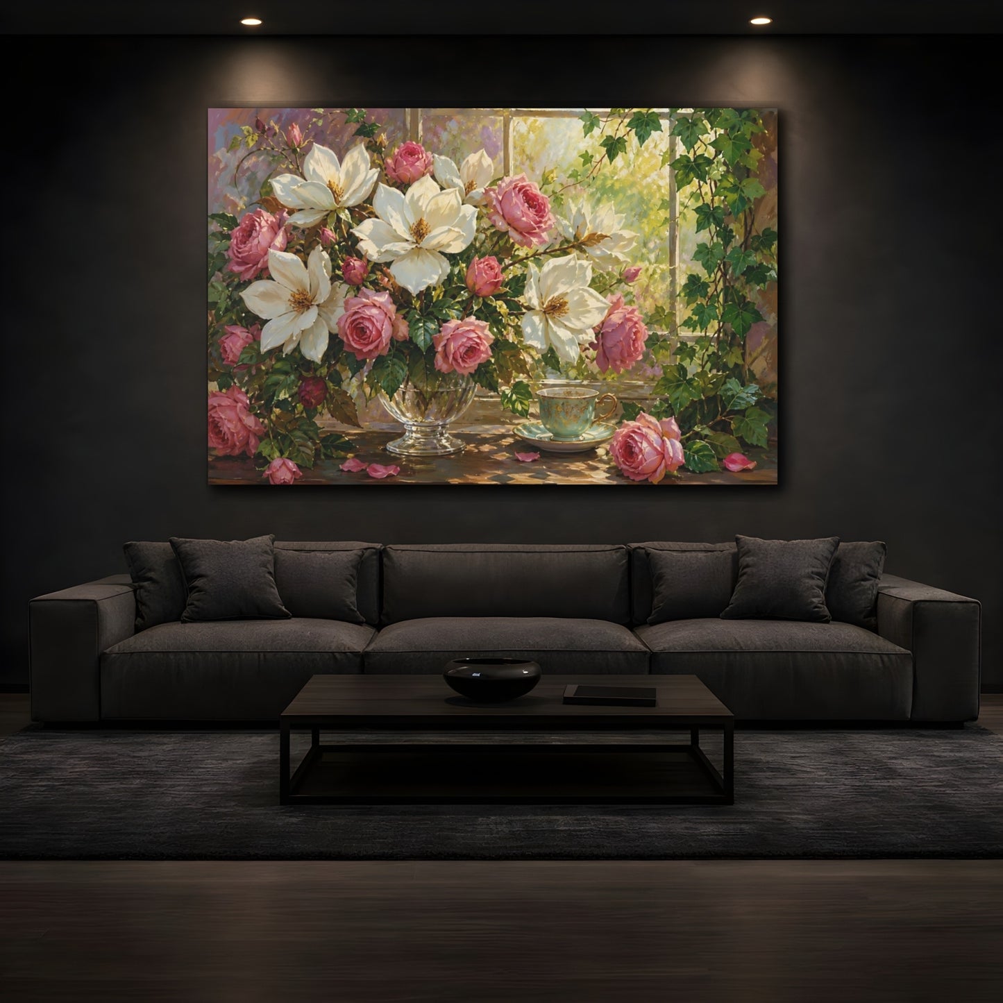 Mockup 3. Floral Magnolias Roses Pink And White Floral shown as stretched canvas wall art