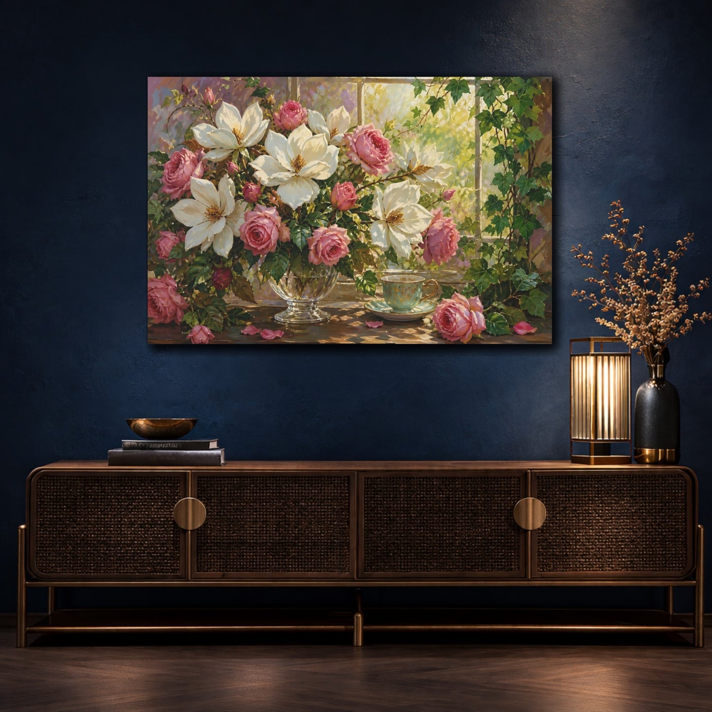 Mockup 4. Floral Magnolias Roses Pink And White Floral shown as stretched canvas wall art