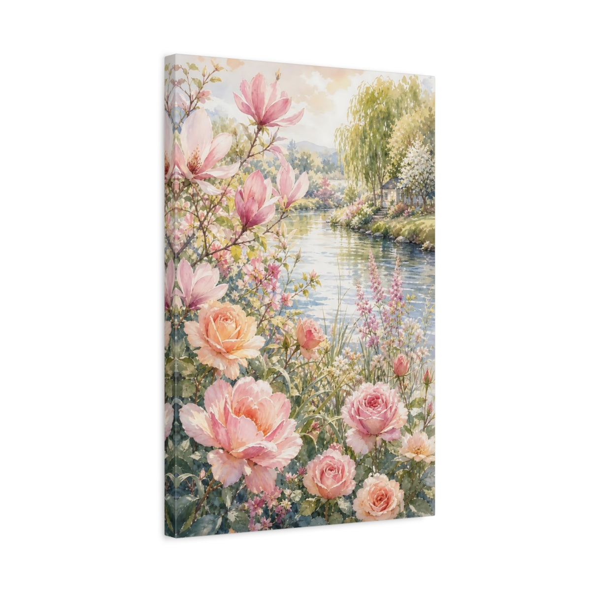 Side Mockup 3. Floral Magnolias Roses Pink Floral shown as stretched canvas wall art