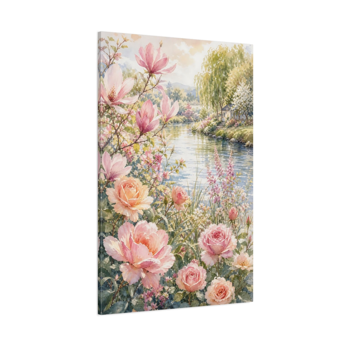 Side Mockup 1. Floral Magnolias Roses Pink Floral shown as stretched canvas wall art