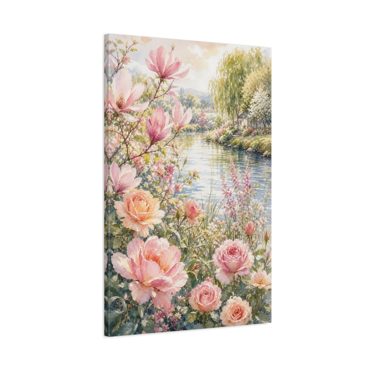 Main Mockup. Floral Magnolias Roses Pink Floral shown as stretched canvas wall art
