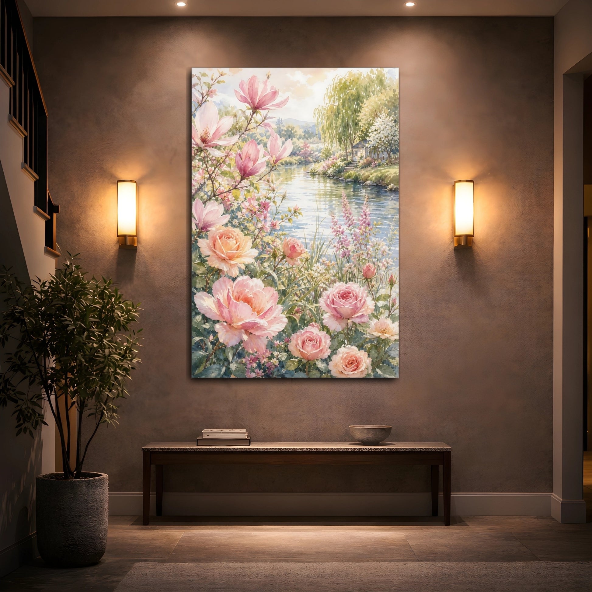 Mockup 2. Floral Magnolias Roses Pink Floral shown as stretched canvas wall art
