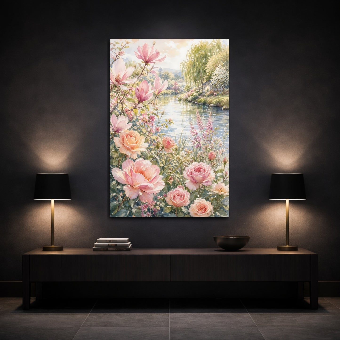 Mockup 3. Floral Magnolias Roses Pink Floral shown as stretched canvas wall art