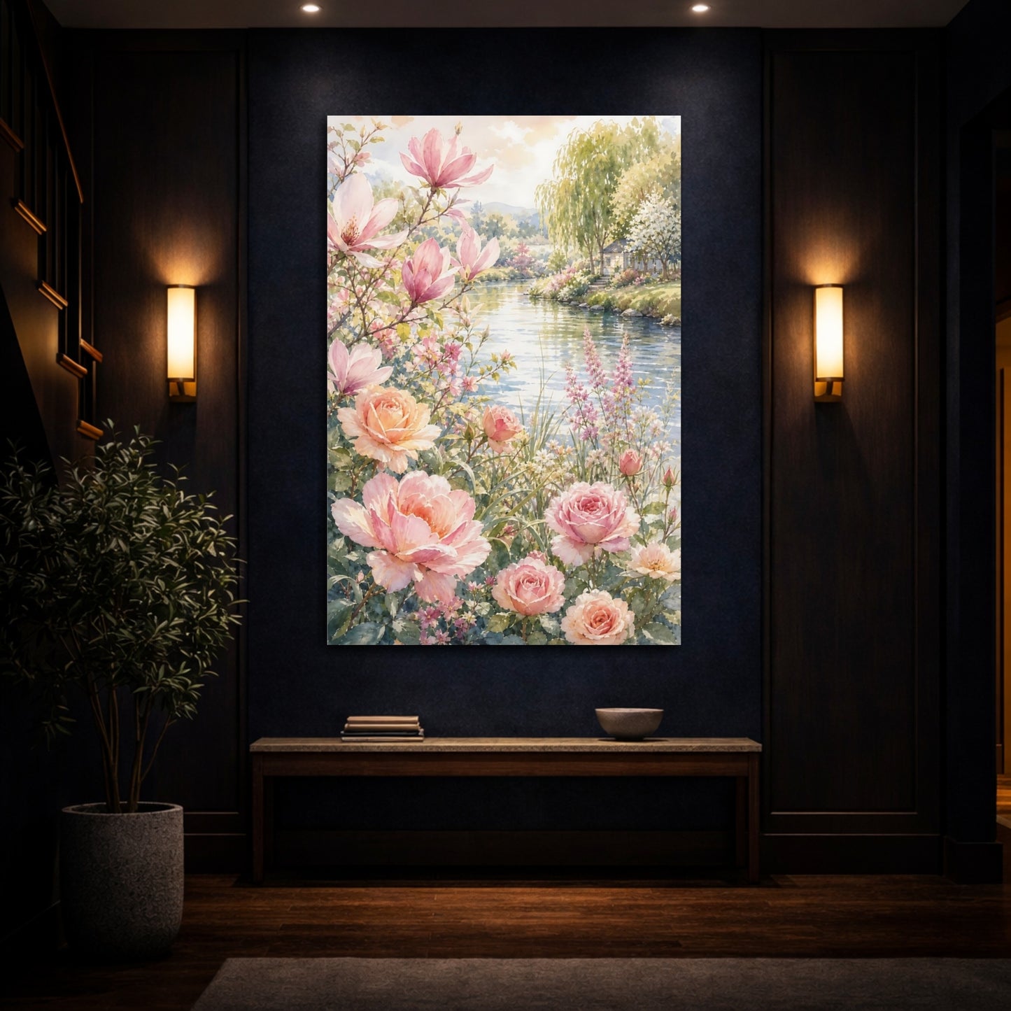 Mockup 4. Floral Magnolias Roses Pink Floral shown as stretched canvas wall art