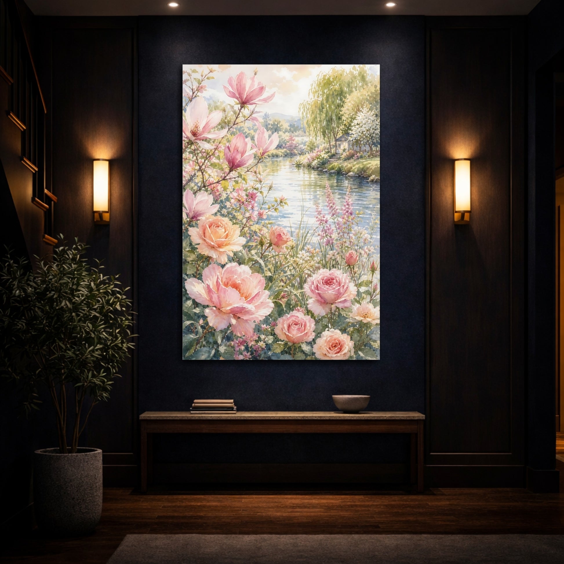 Mockup 4. Floral Magnolias Roses Pink Floral shown as stretched canvas wall art