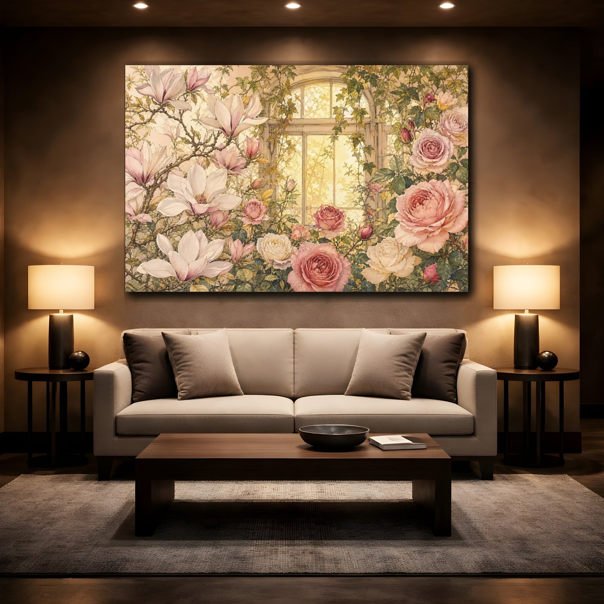 Mockup 2. Floral Magnolias Roses Pink Floral Window shown as stretched canvas wall art