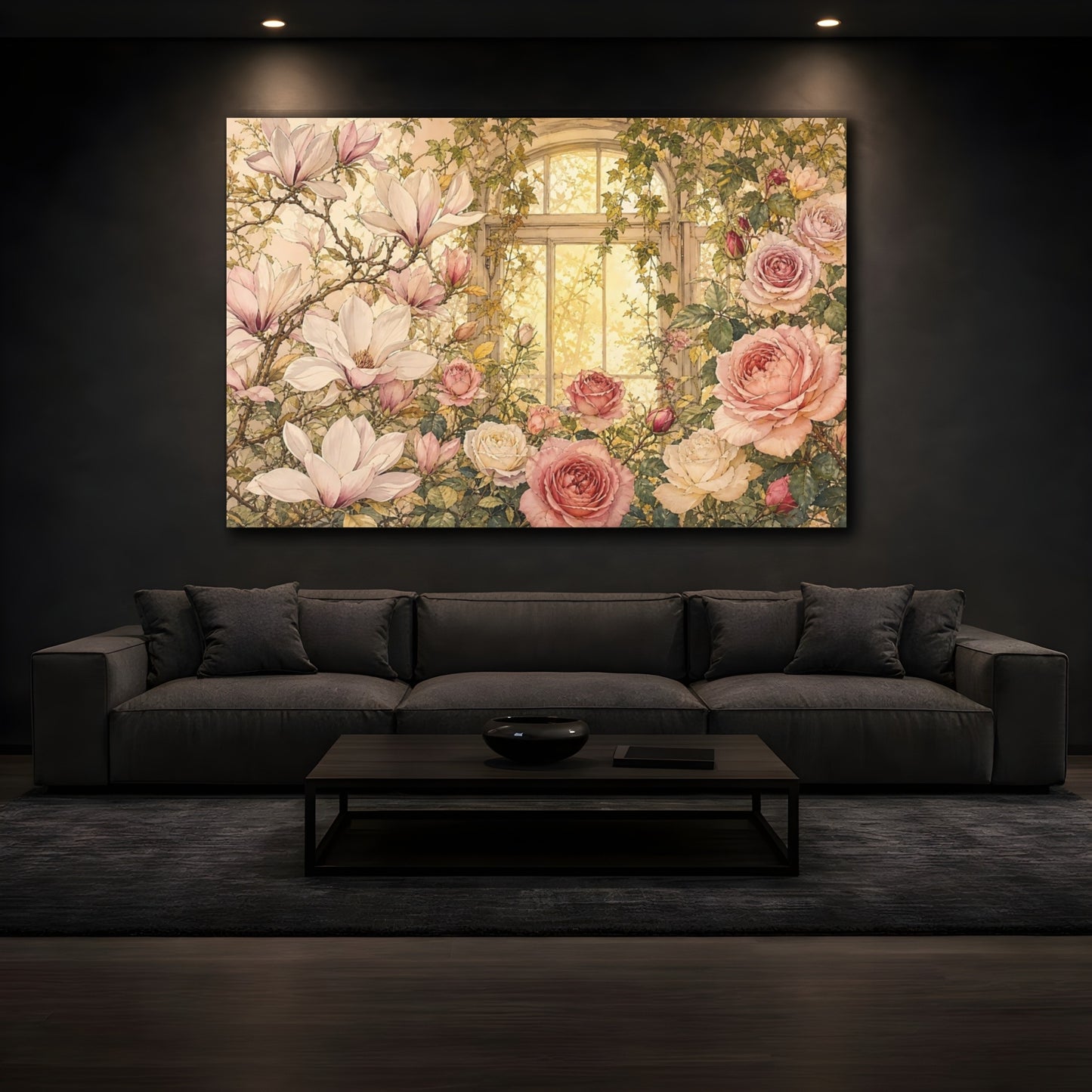 Mockup 3. Floral Magnolias Roses Pink Floral Window shown as stretched canvas wall art