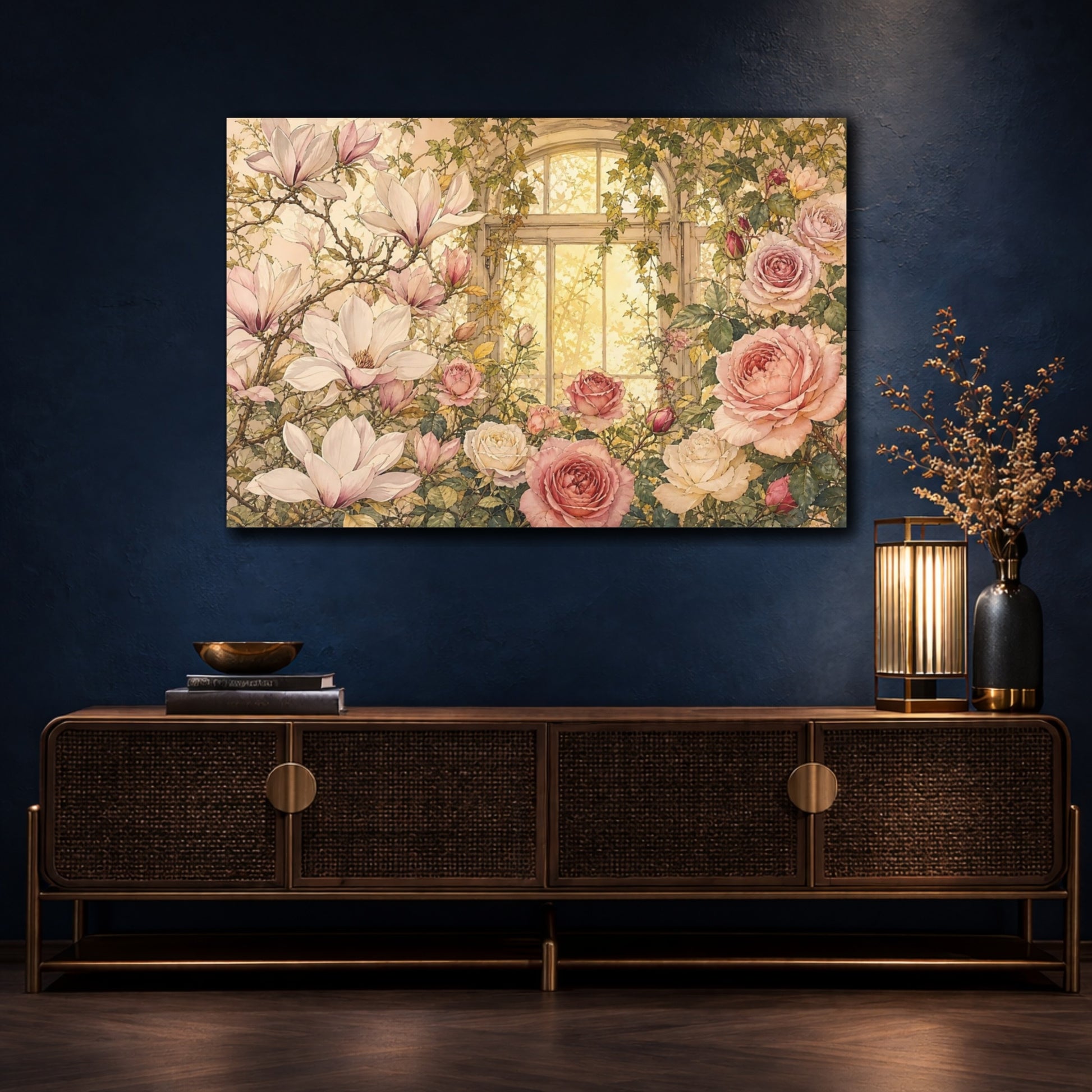 Mockup 4. Floral Magnolias Roses Pink Floral Window shown as stretched canvas wall art