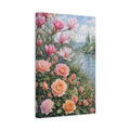 Side Mockup 4. Floral Magnolias Roses Pink Peach Floral shown as stretched canvas wall art