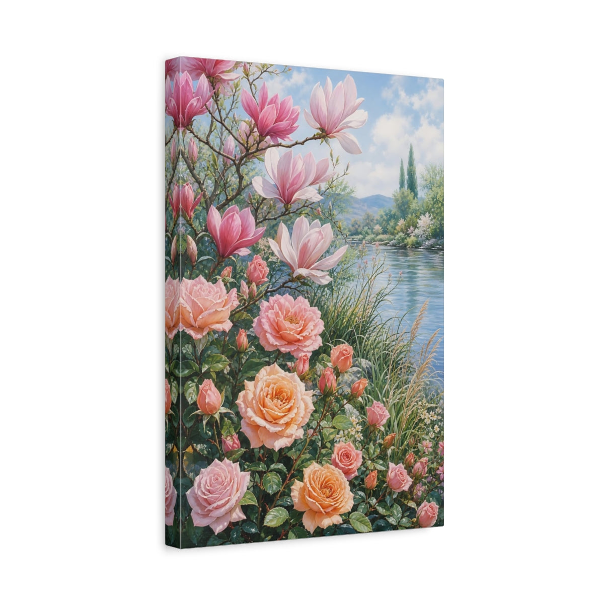 Side Mockup 4. Floral Magnolias Roses Pink Peach Floral shown as stretched canvas wall art