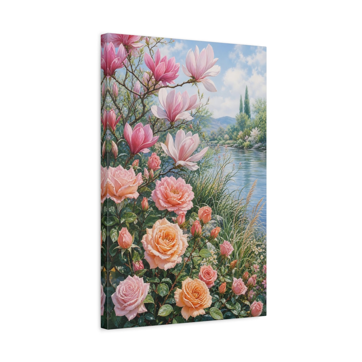 Side Mockup 3. Floral Magnolias Roses Pink Peach Floral shown as stretched canvas wall art
