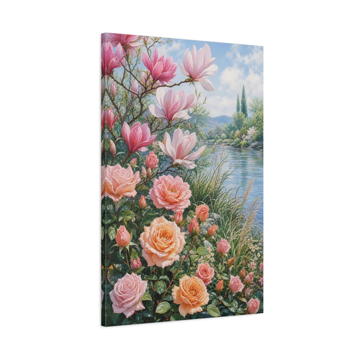 Main Mockup. Floral Magnolias Roses Pink Peach Floral shown as stretched canvas wall art