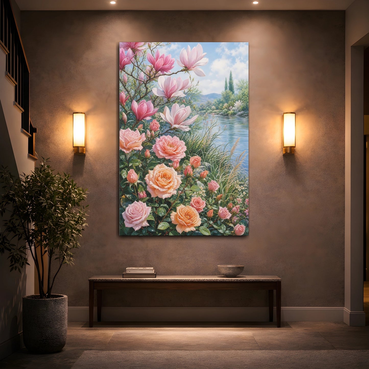 Mockup 2. Floral Magnolias Roses Pink Peach Floral shown as stretched canvas wall art