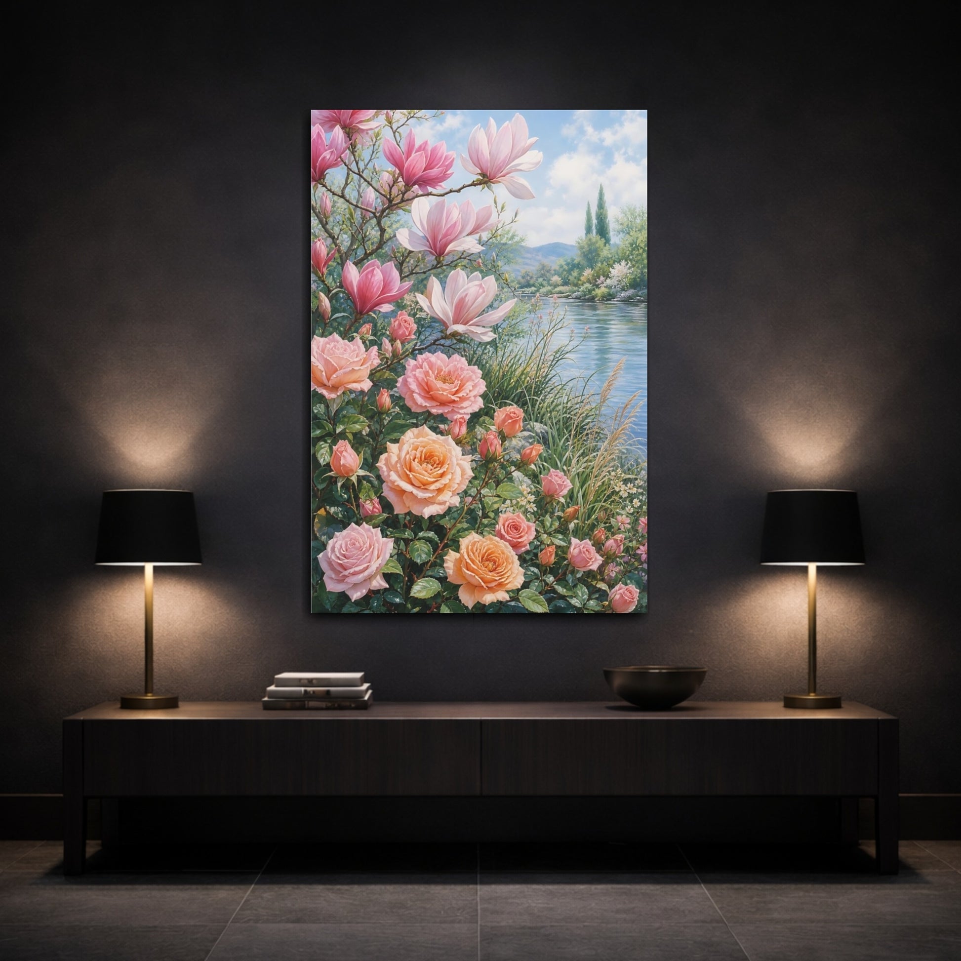 Mockup 3. Floral Magnolias Roses Pink Peach Floral shown as stretched canvas wall art