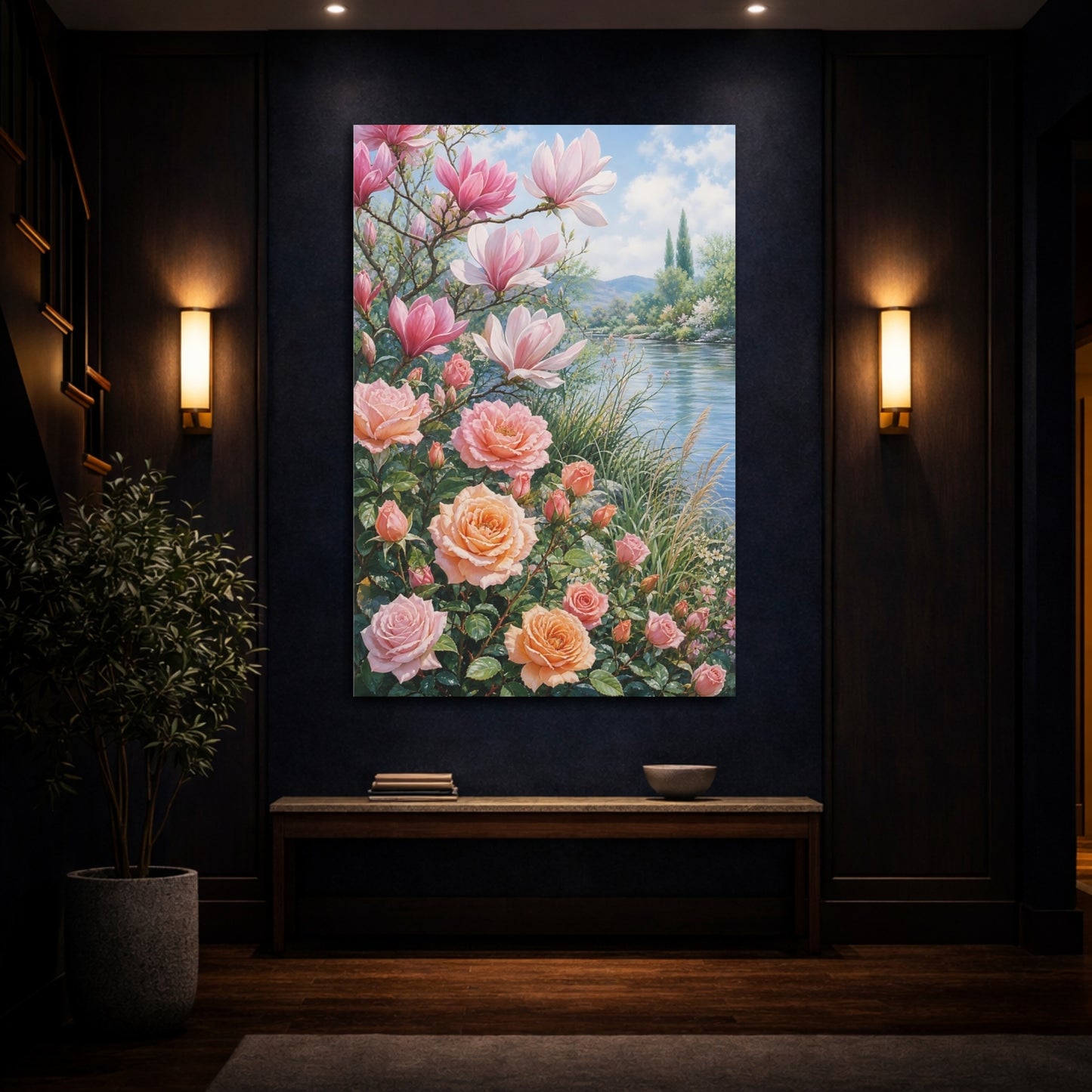 Mockup 4. Floral Magnolias Roses Pink Peach Floral shown as stretched canvas wall art