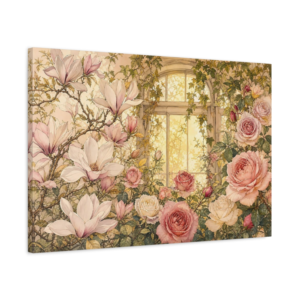 Side Mockup 2. Floral Magnolias Roses Pink Floral Window shown as stretched canvas wall art