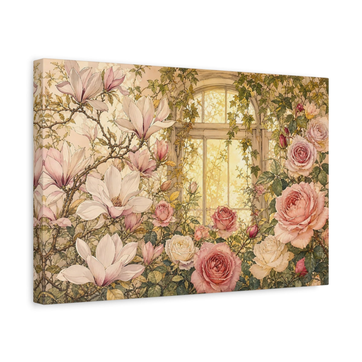 Side Mockup 4. Floral Magnolias Roses Pink Floral Window shown as stretched canvas wall art
