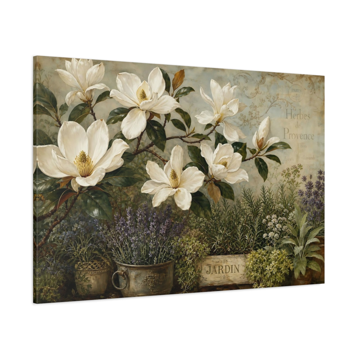 Side Mockup 1. Floral Magnolias Vintage Floral shown as stretched canvas wall art