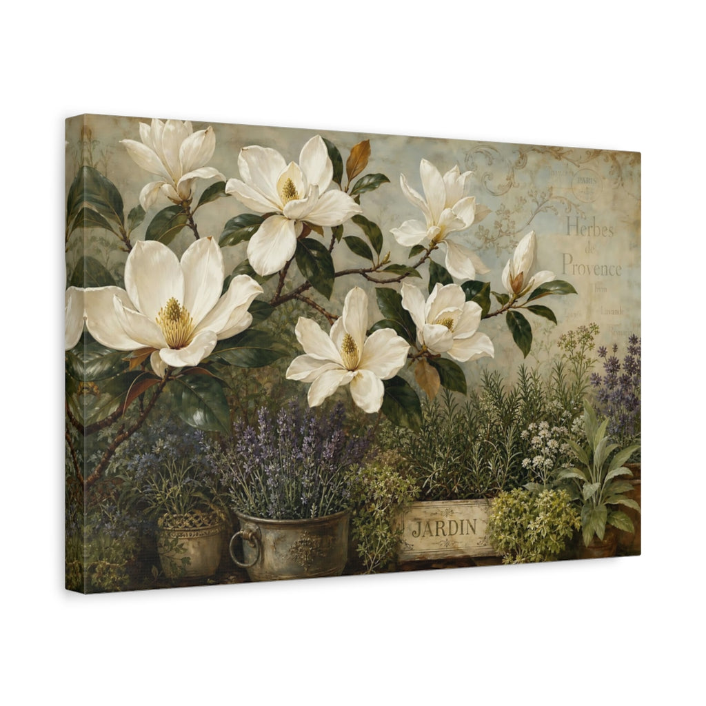Side Mockup 4. Floral Magnolias Vintage Floral shown as stretched canvas wall art