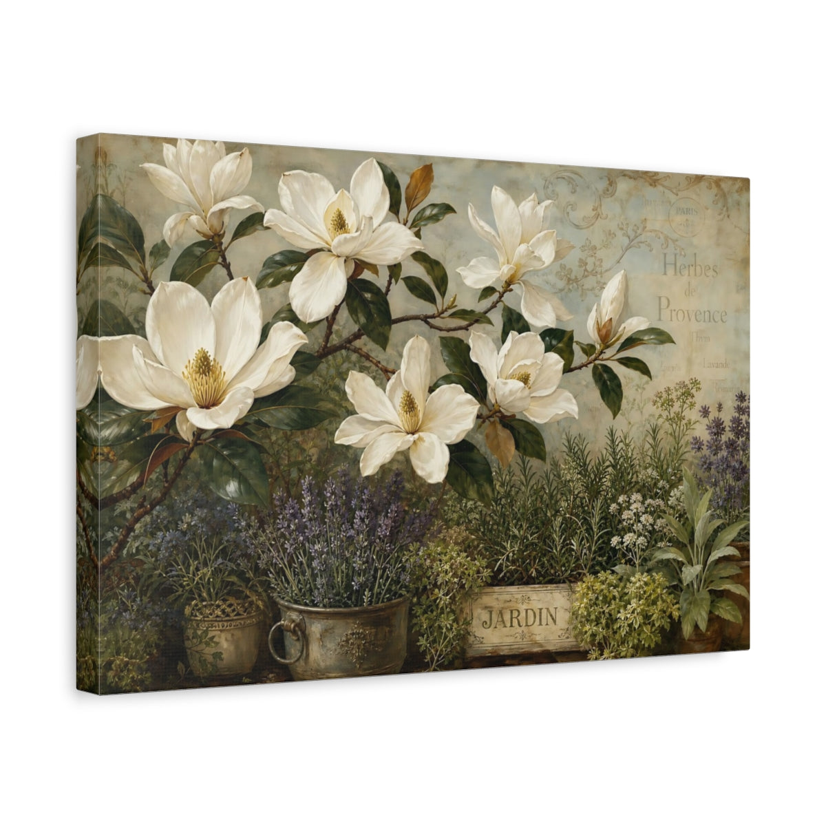 Side Mockup 4. Floral Magnolias Vintage Floral shown as stretched canvas wall art