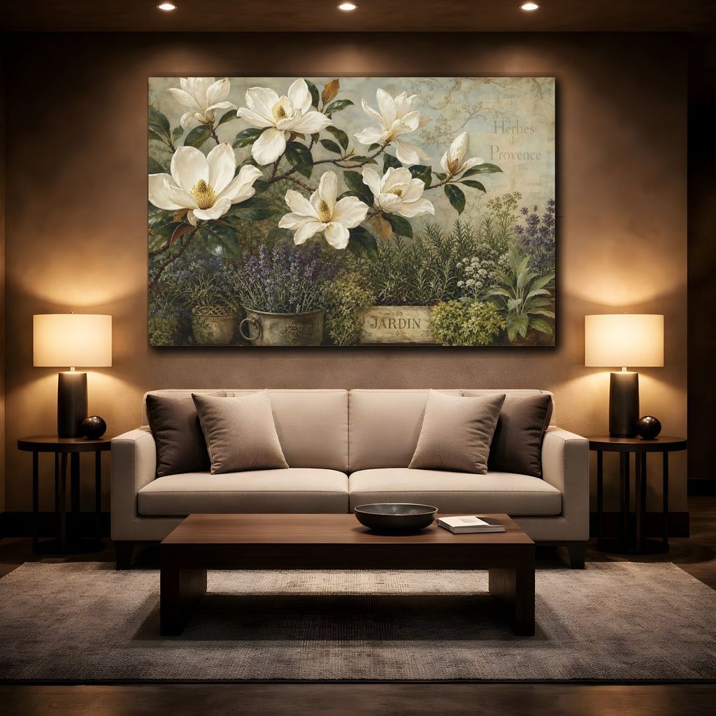 Mockup 2. Floral Magnolias Vintage Floral shown as stretched canvas wall art