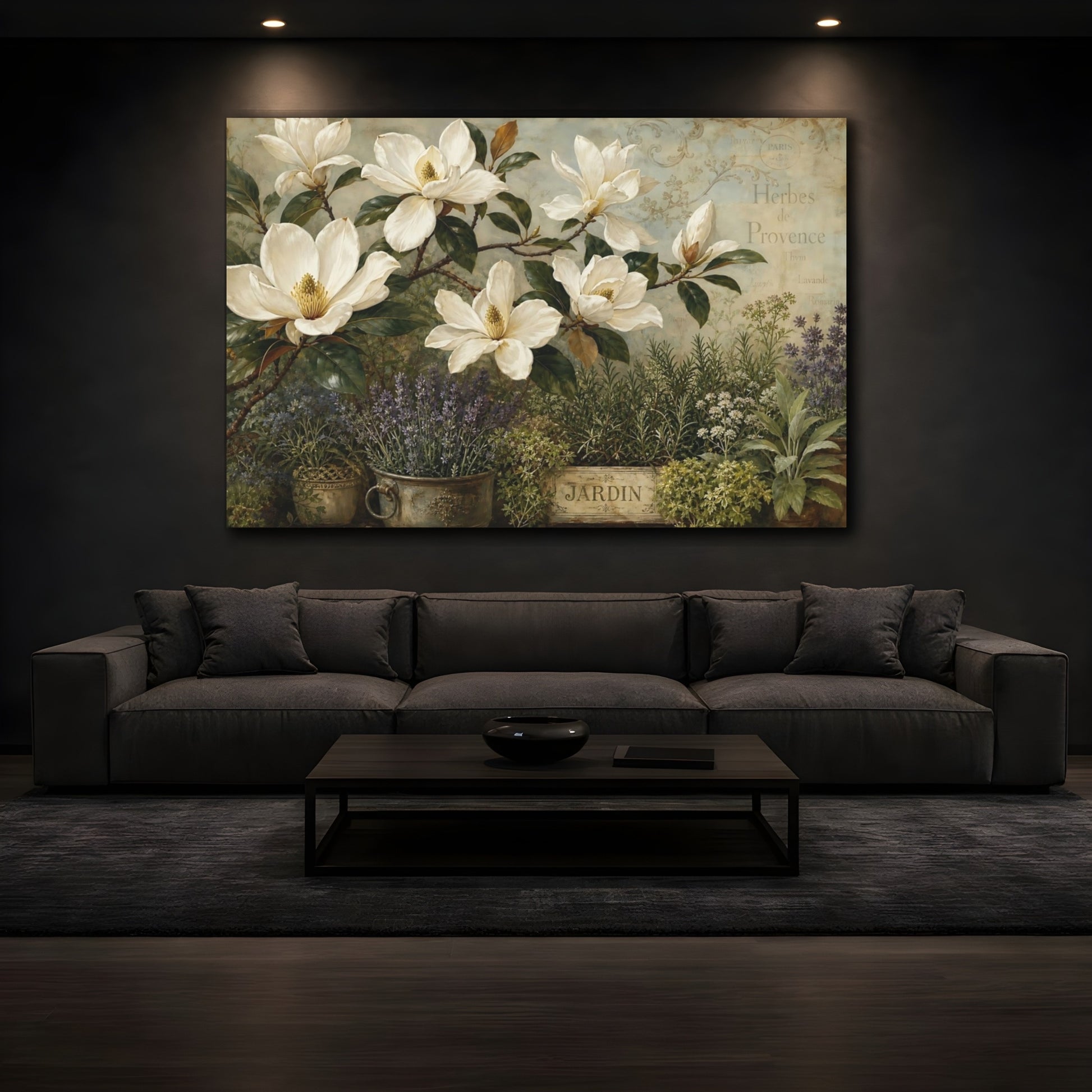 Mockup 3. Floral Magnolias Vintage Floral shown as stretched canvas wall art