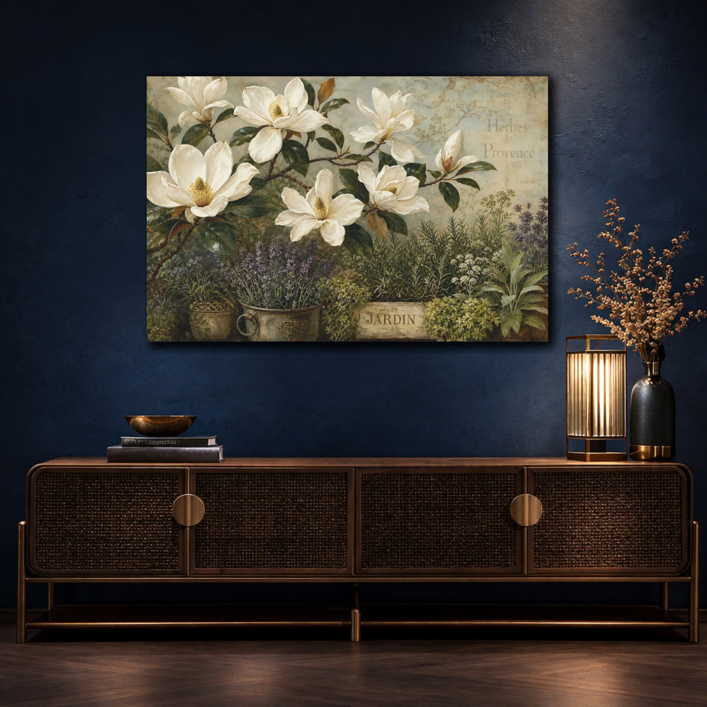 Mockup 4. Floral Magnolias Vintage Floral shown as stretched canvas wall art