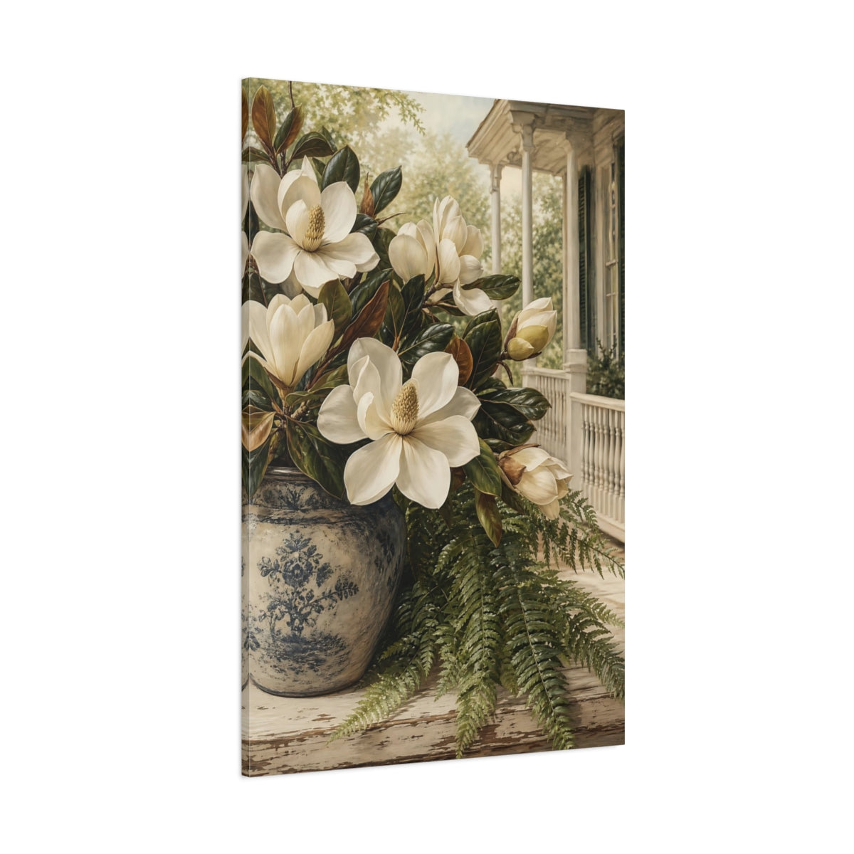 Side Mockup 1. Floral Magnolias White Magnolia, Blue Vase shown as stretched canvas wall art