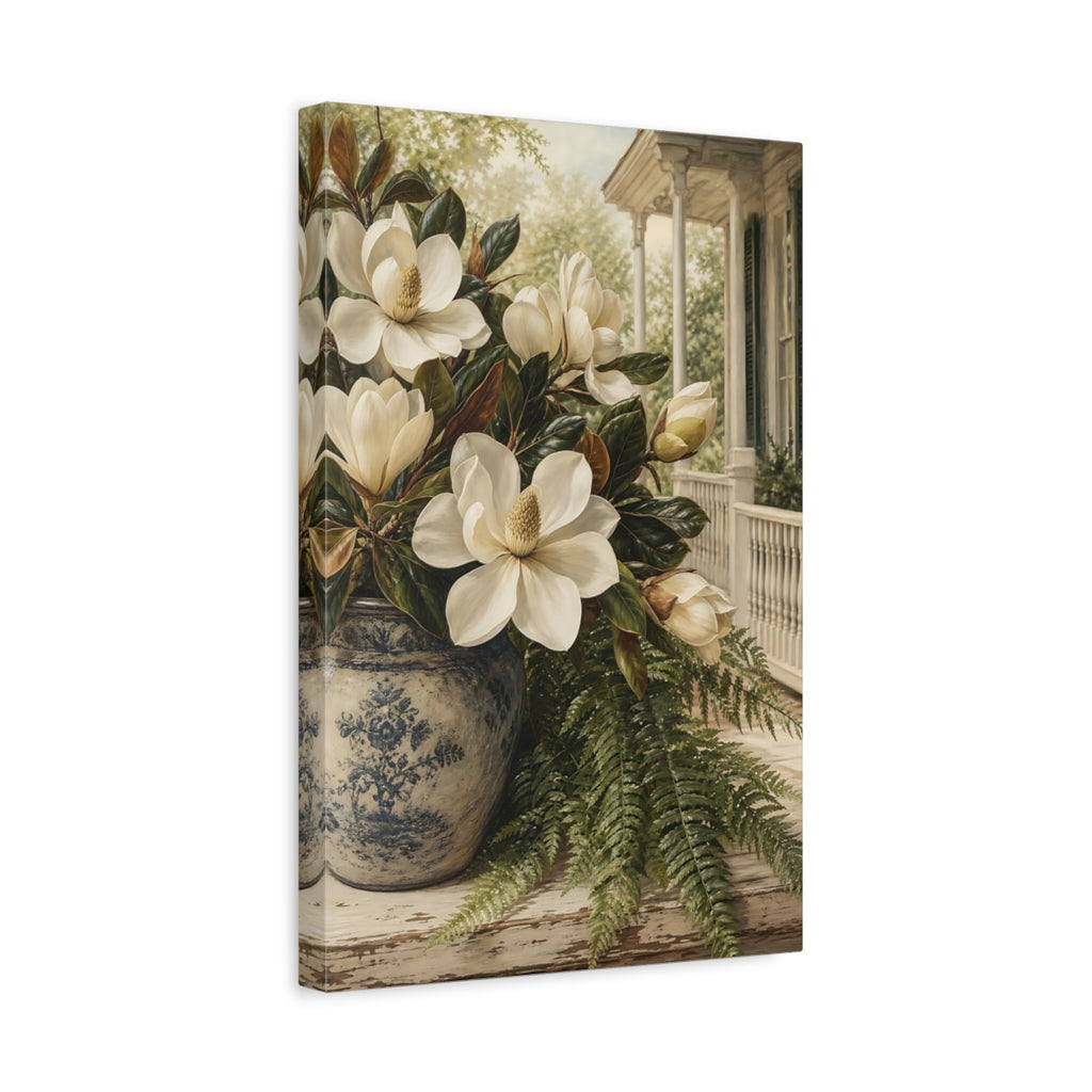 Side Mockup 4. Floral Magnolias White Magnolia, Blue Vase shown as stretched canvas wall art
