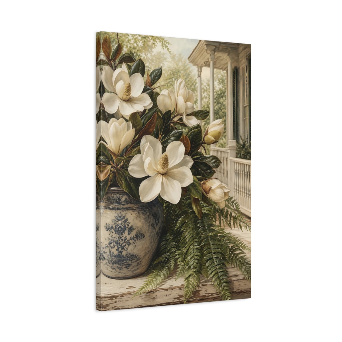 Side Mockup 2. Floral Magnolias White Magnolia, Blue Vase shown as stretched canvas wall art