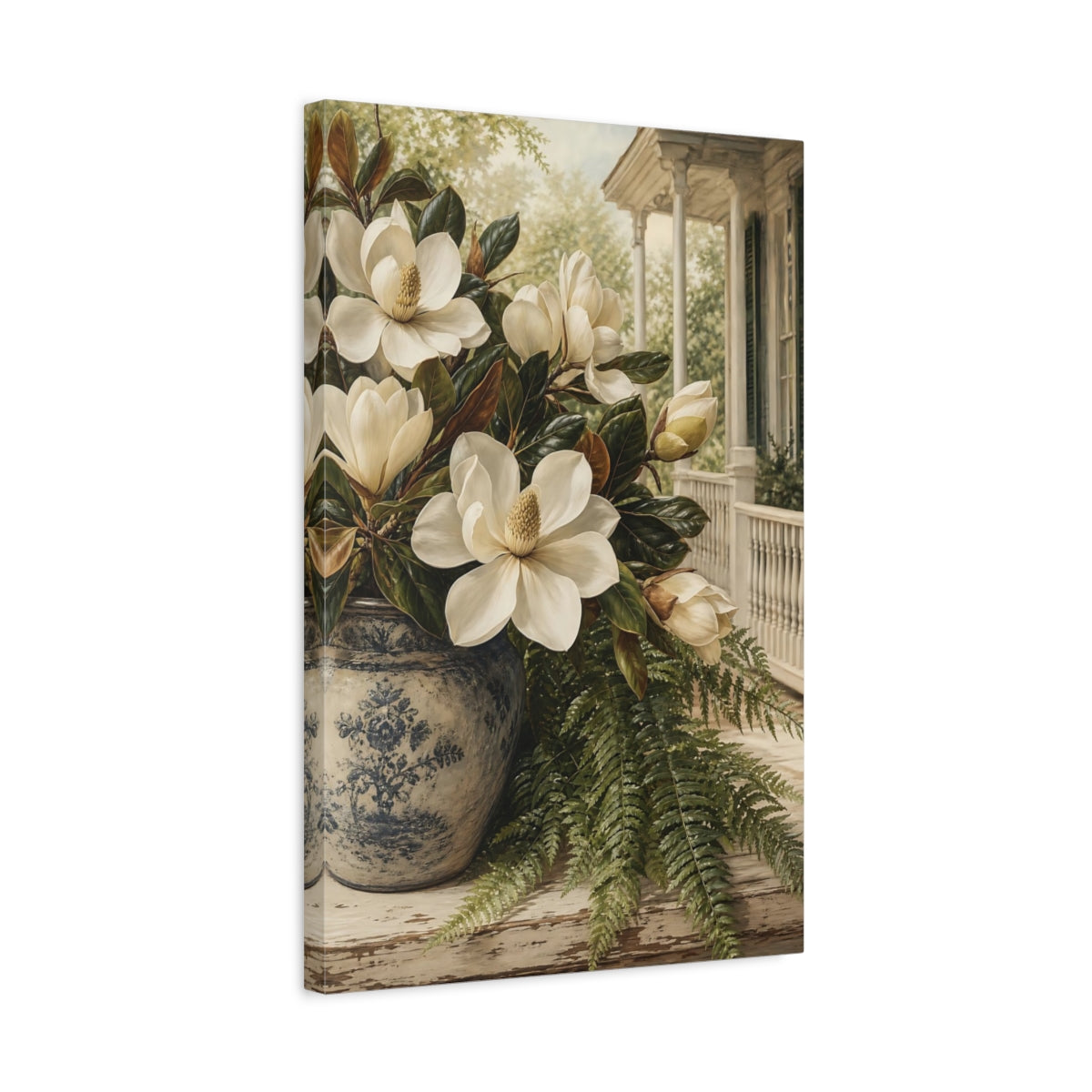Side Mockup 3. Floral Magnolias White Magnolia, Blue Vase shown as stretched canvas wall art