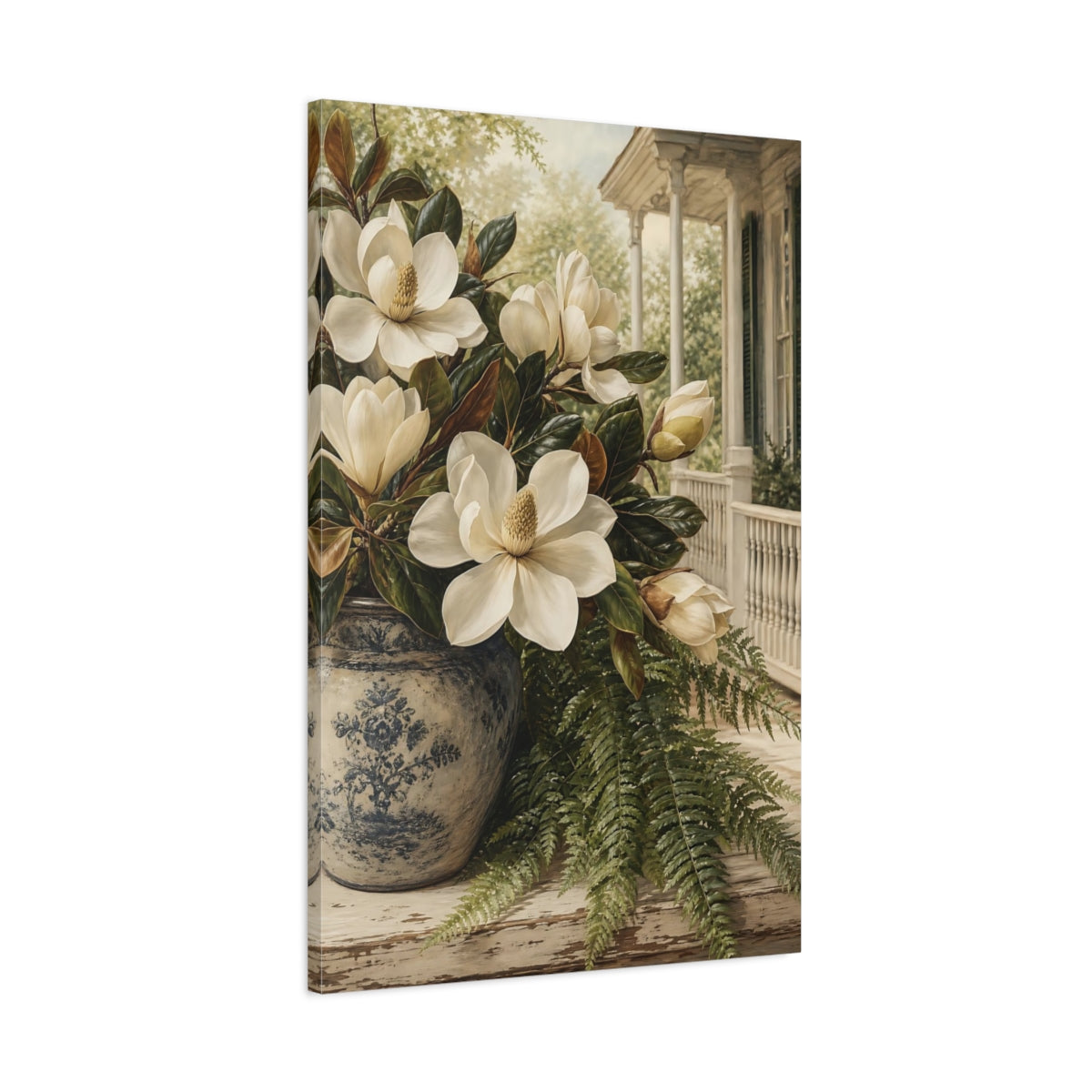 Main Mockup. Floral Magnolias White Magnolia, Blue Vase shown as stretched canvas wall art