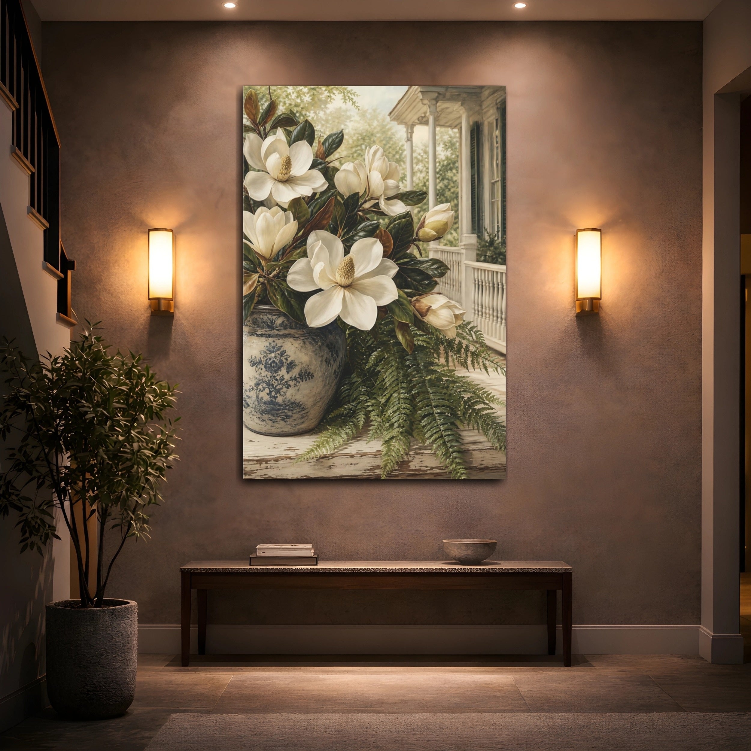 Mockup 2. Floral Magnolias White Magnolia, Blue Vase shown as stretched canvas wall art