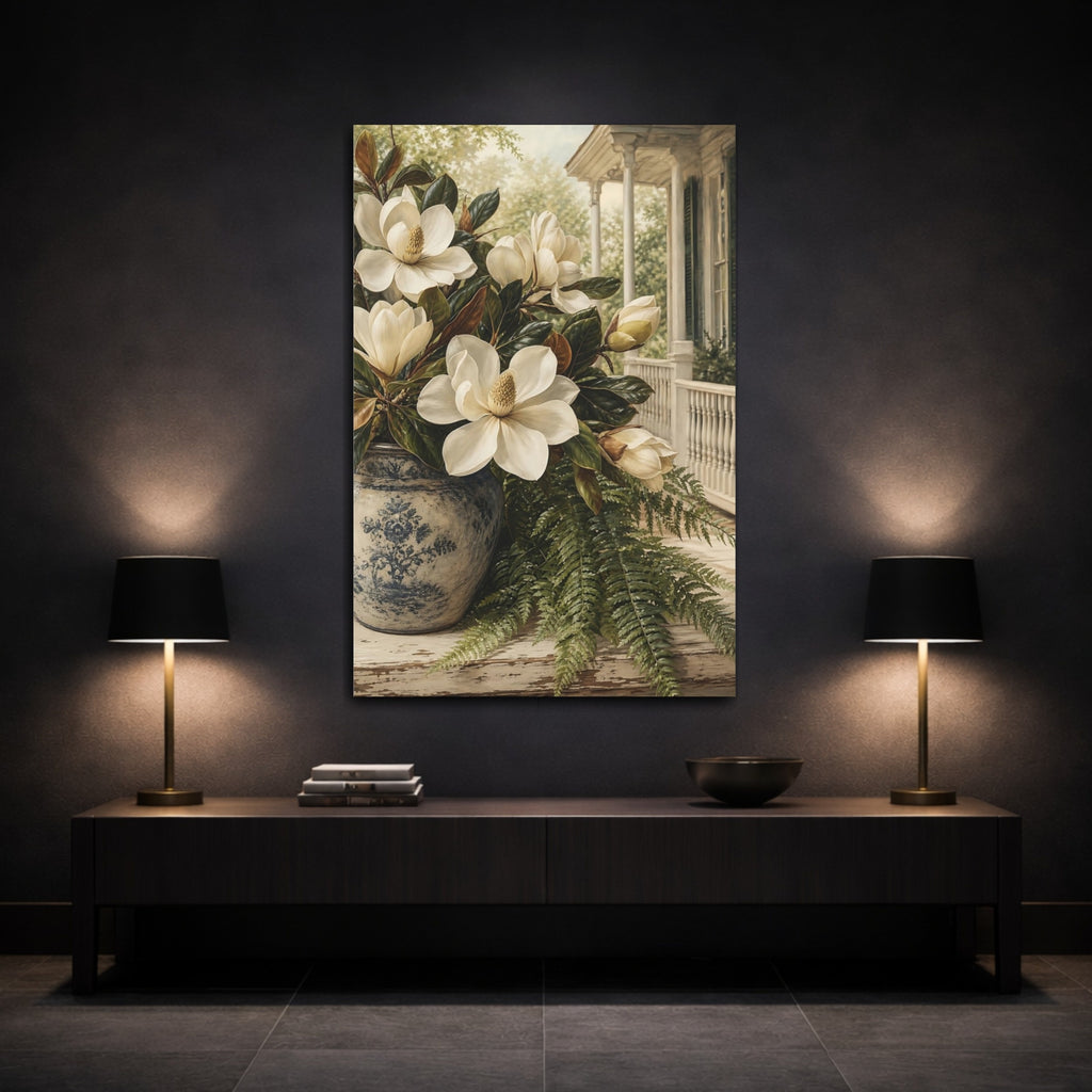 Mockup 3. Floral Magnolias White Magnolia, Blue Vase shown as stretched canvas wall art